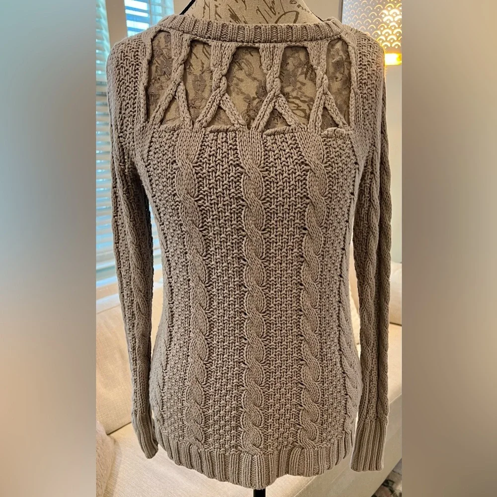 LC Lauren Conrad Lace Cotton Women's Taupe Cable Knit Sweater - Picture 2 of 14